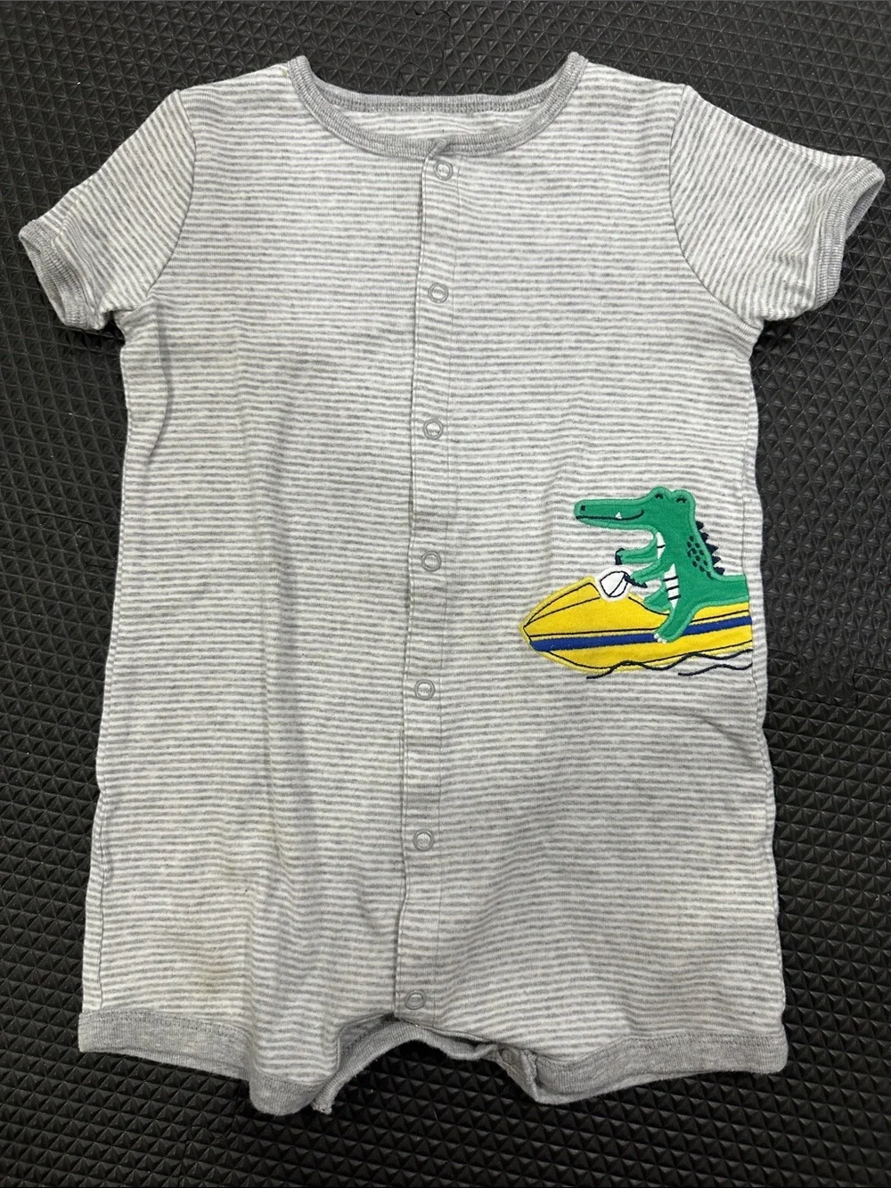Carter's Gray Stripe One-Piece with Green & Yellow Alligator Applique